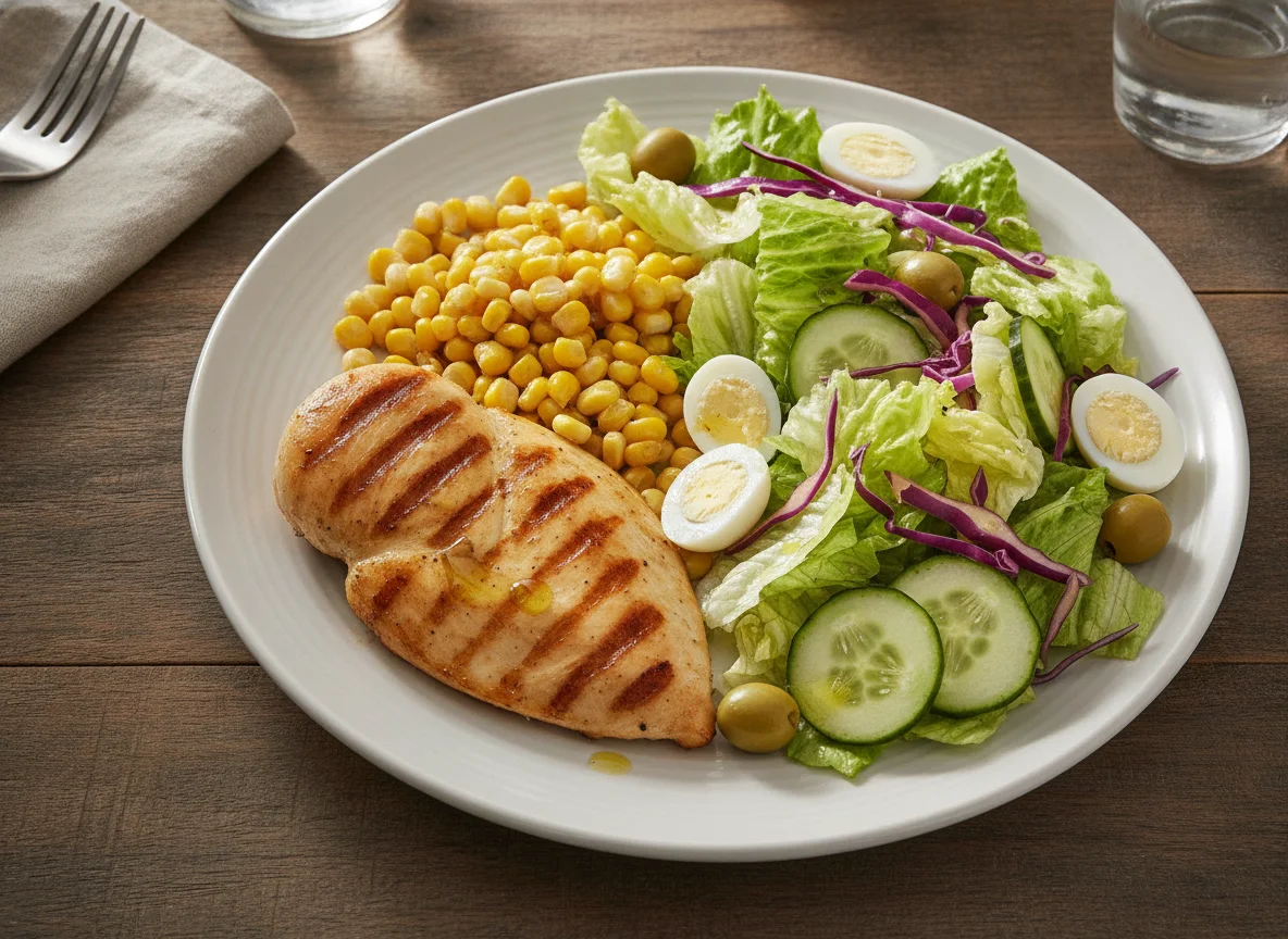 Frango grelhado com milho e salada mista photo