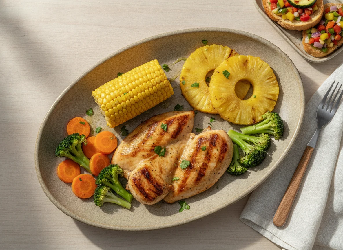 Frango grelhado com milho, legumes e abacaxi photo
