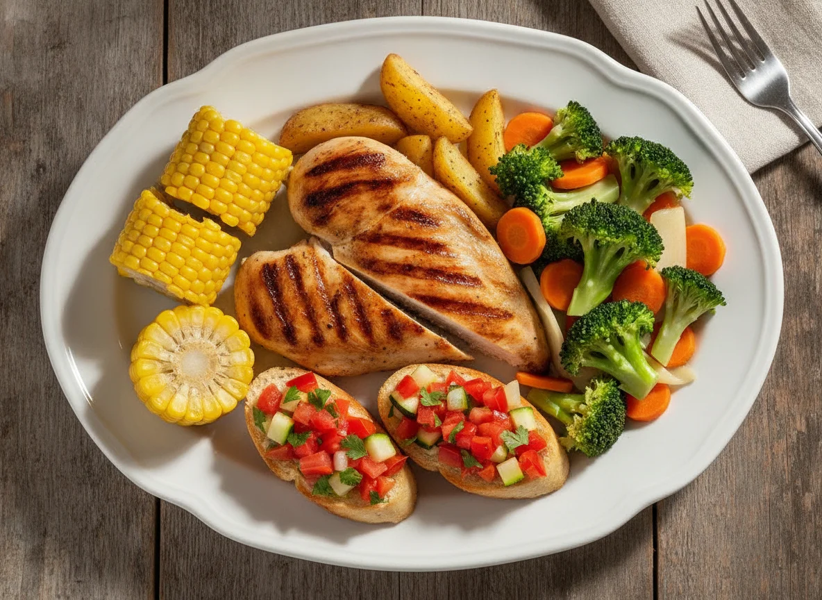 Frango grelhado com milho, legumes e bruschetta photo