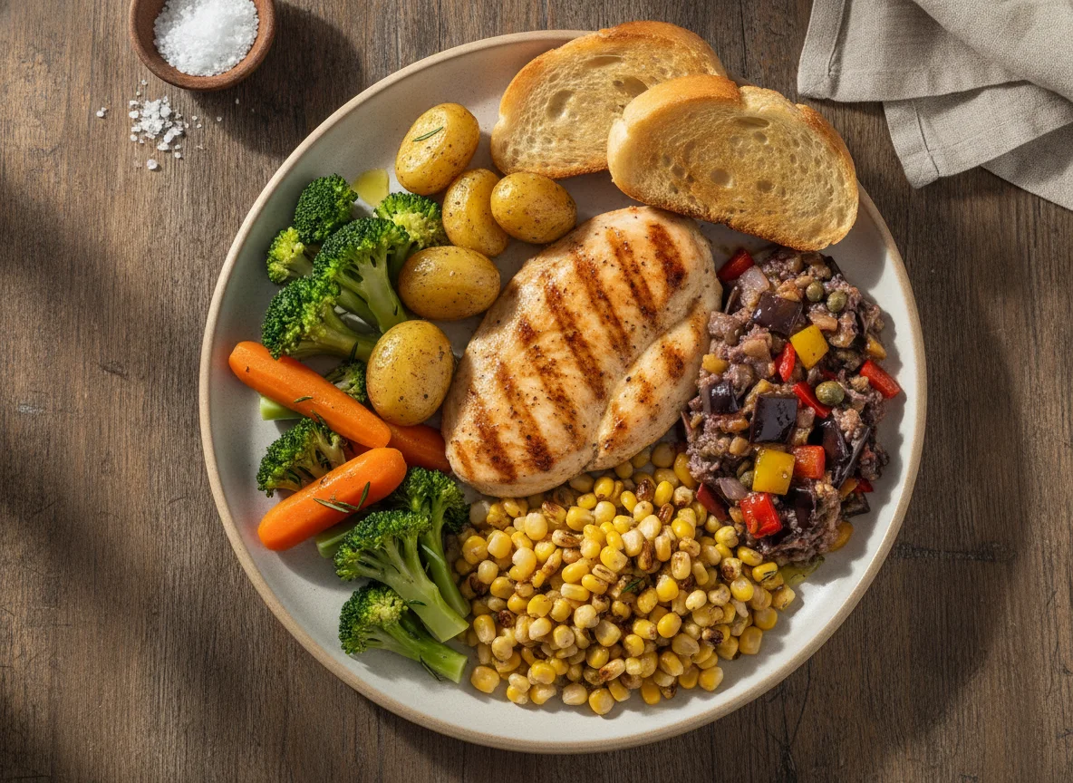 Frango grelhado com milho, legumes e caponata photo