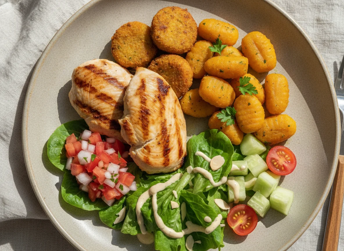 Frango Grelhado com Nhoque de Abóbora e Salada photo