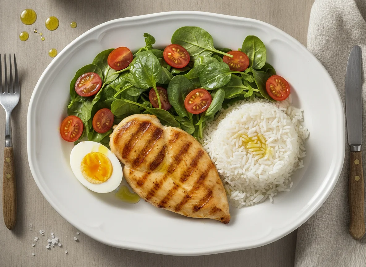 Frango grelhado com ovo, arroz e salada photo
