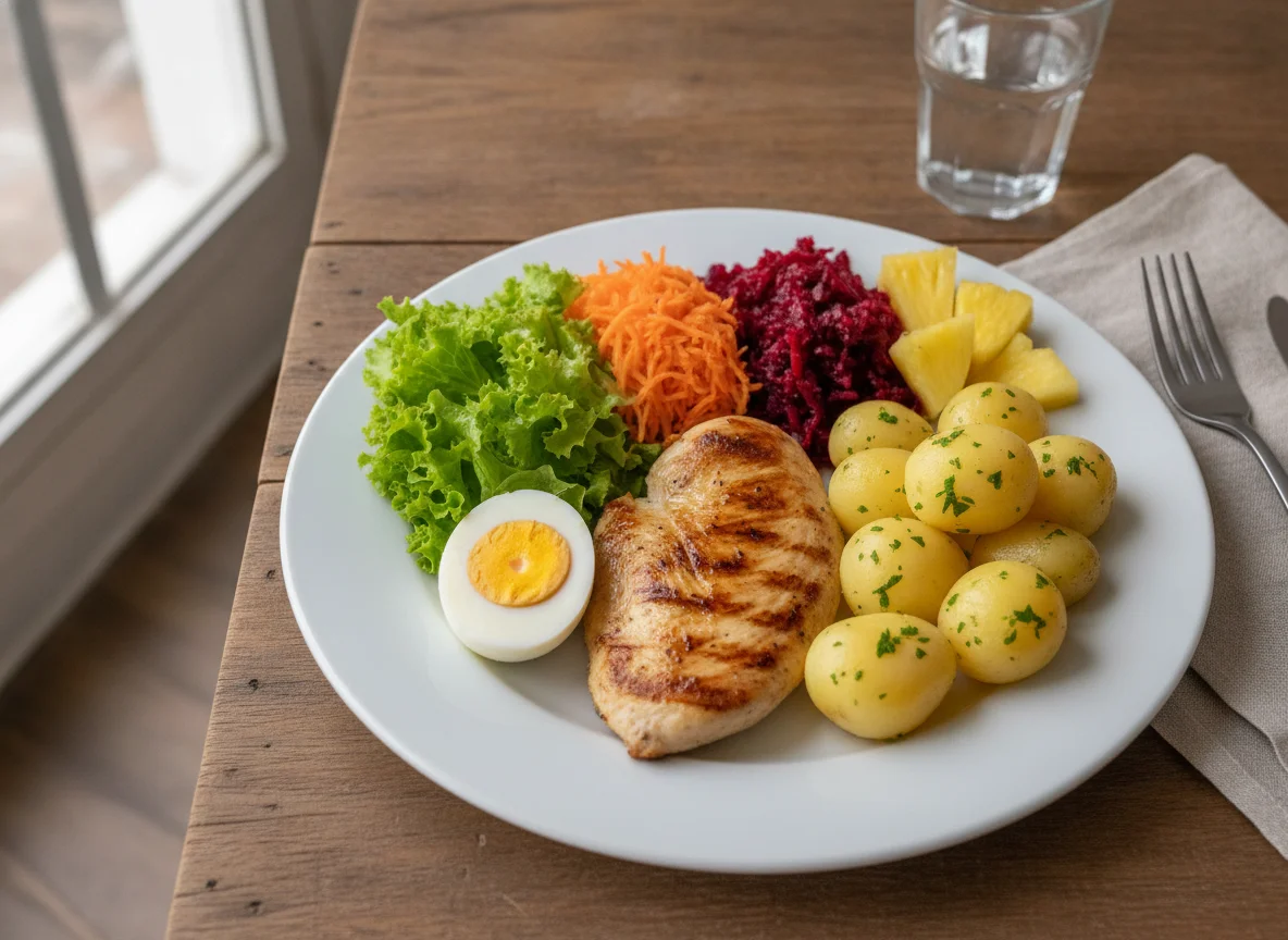 Frango grelhado com ovo, batata e salada photo