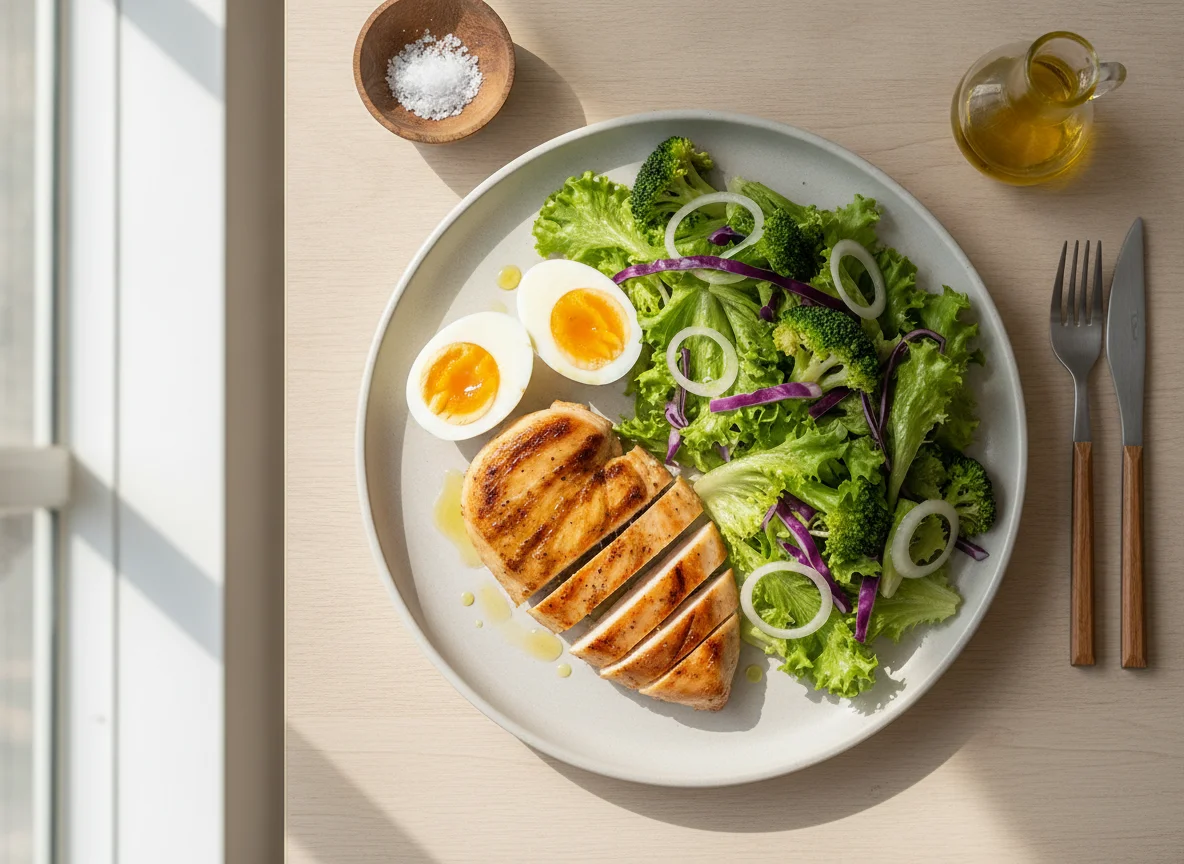 Frango grelhado com ovo cozido e salada mista photo