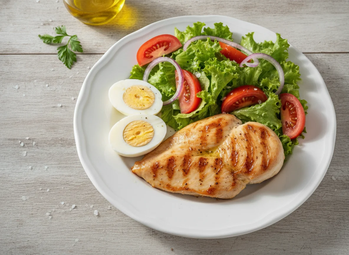 Frango grelhado com ovos cozidos e salada photo