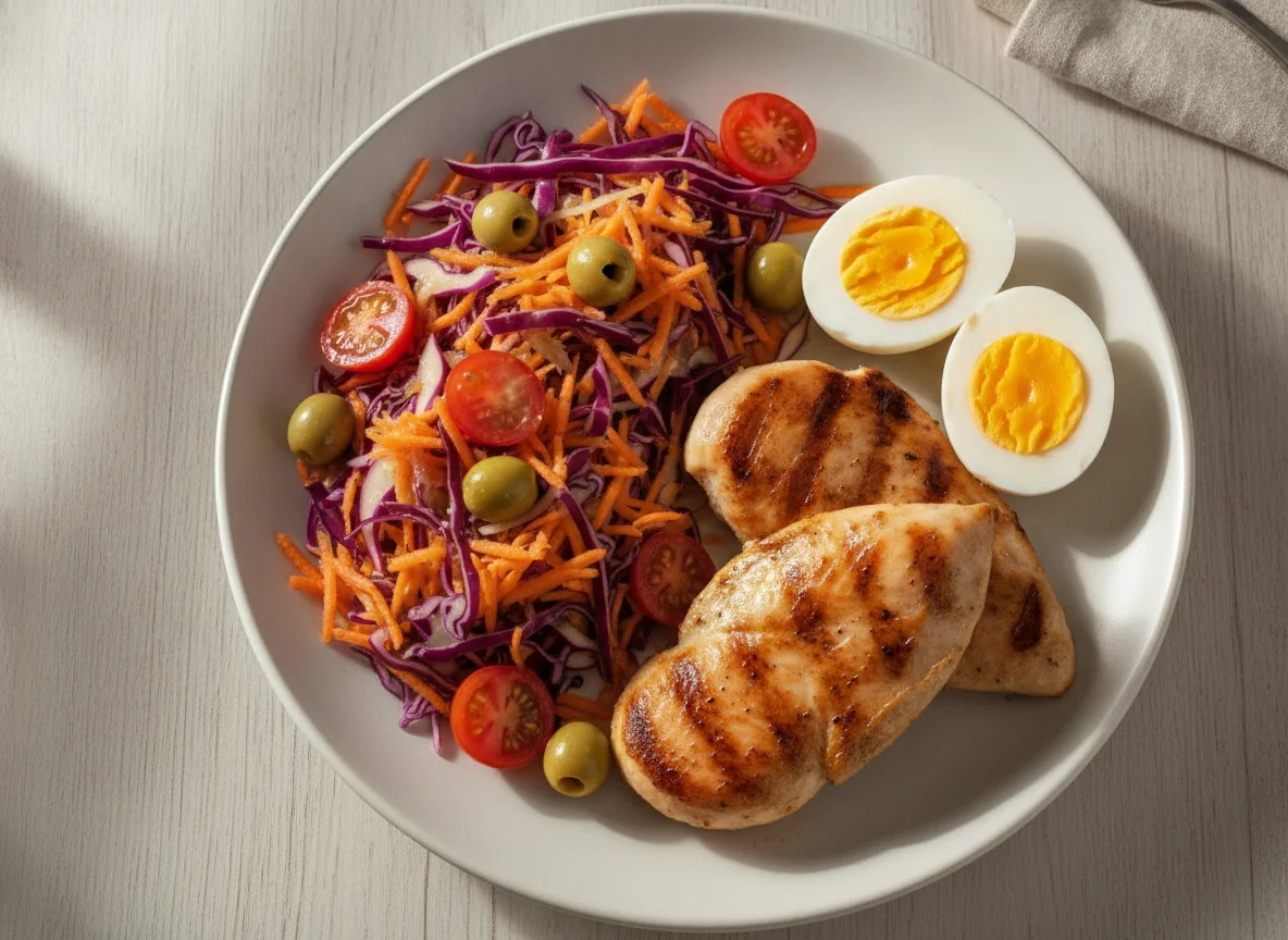 Frango grelhado com ovos cozidos e salada mista photo