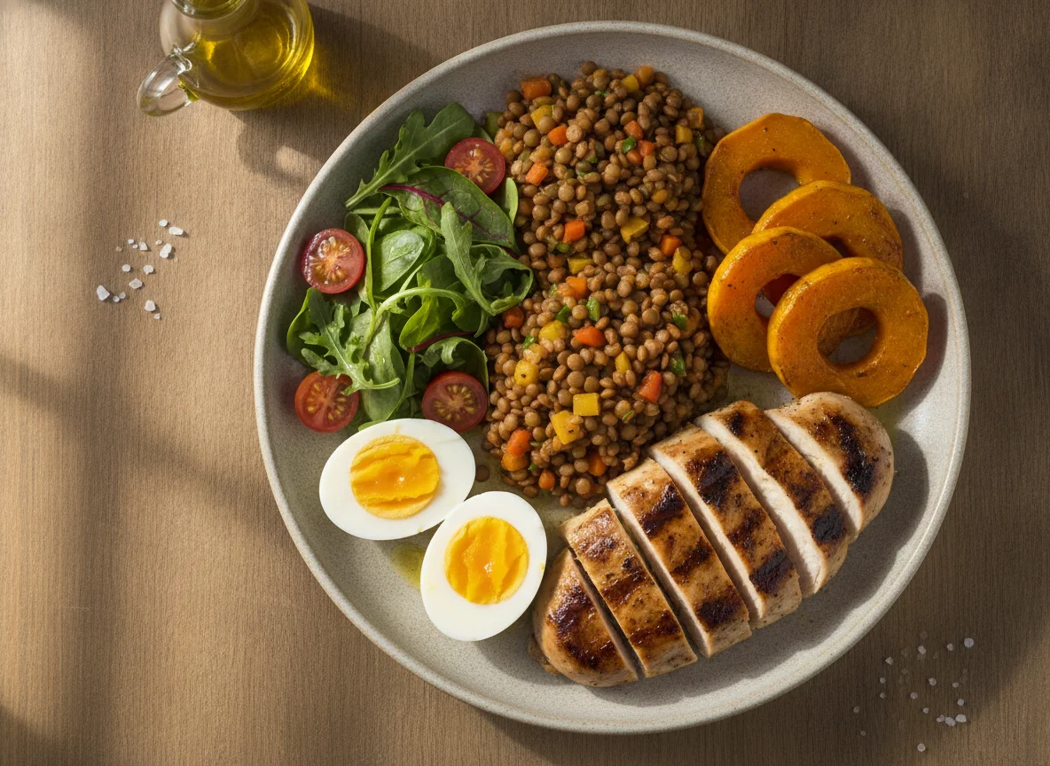 Frango grelhado com ovos cozidos, lentilha, abóbora e salada photo