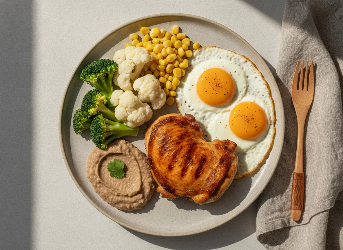 Frango grelhado com ovos e vegetais photo