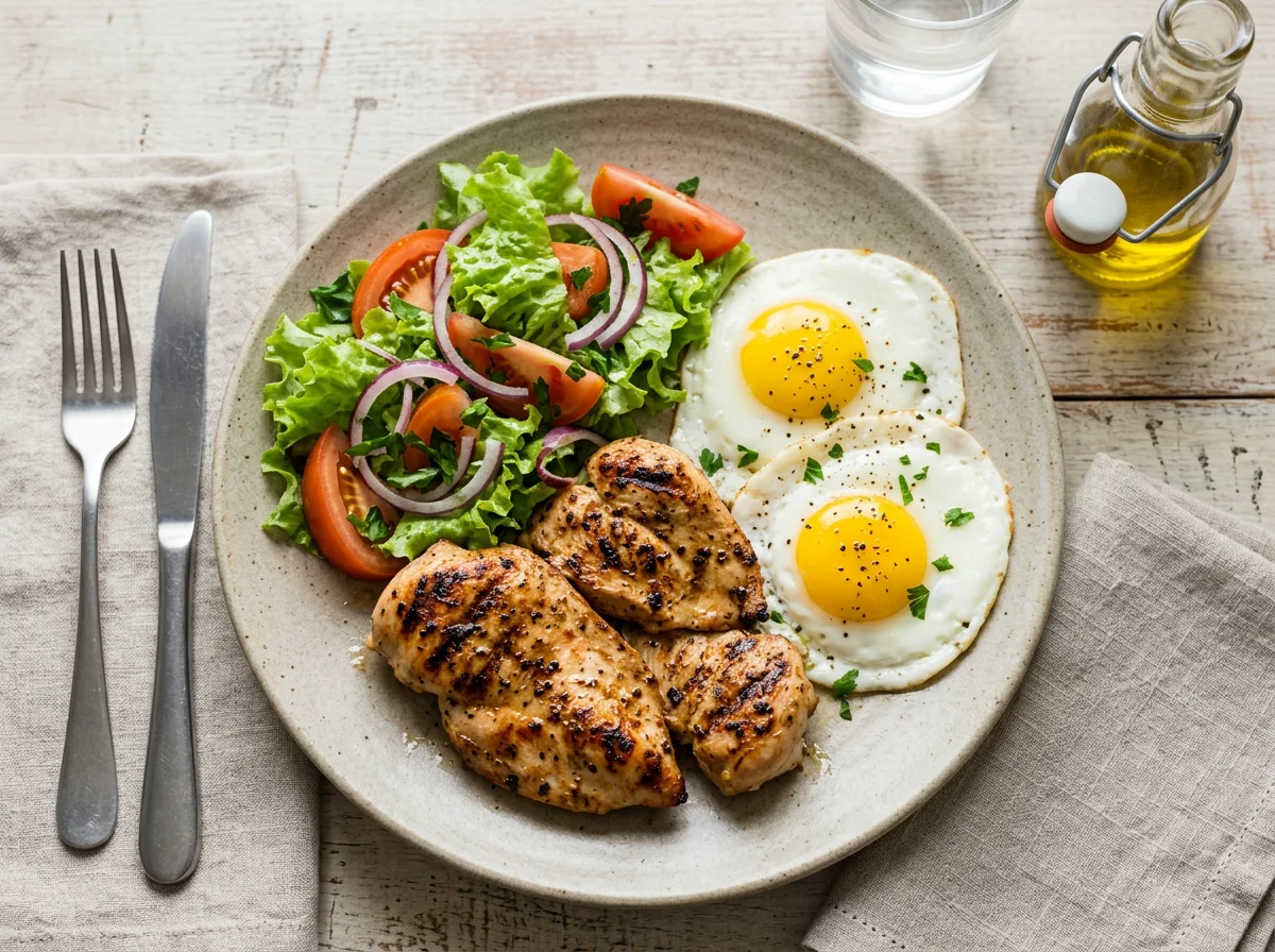 Frango grelhado com ovos estrelados e salada mista photo