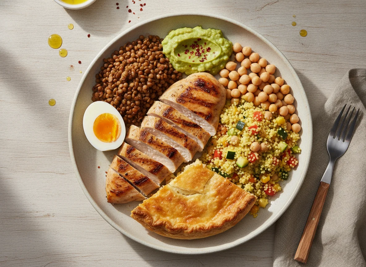 Frango grelhado com ovos, lentilha, grão-de-bico e cuscuz photo