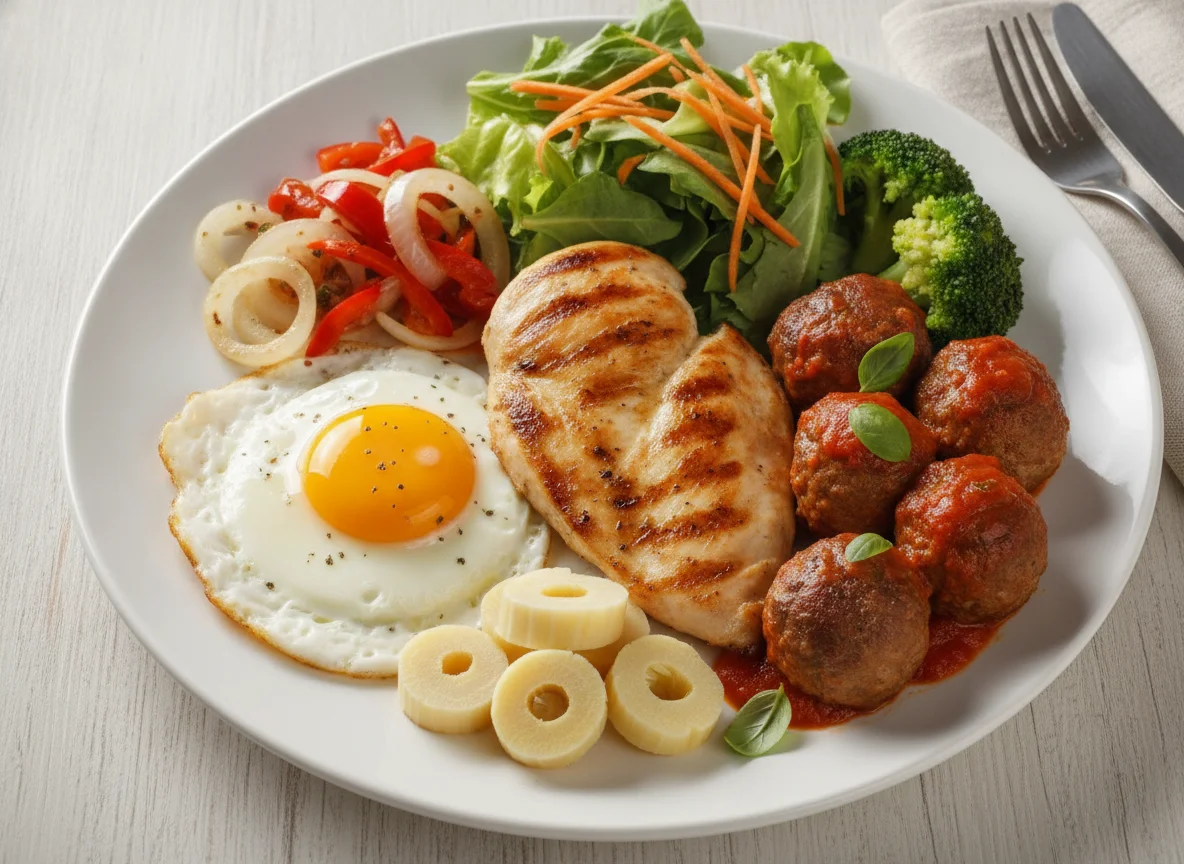 Frango grelhado com palmito, salada e almôndegas photo