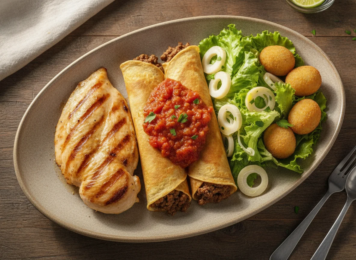 Frango grelhado com panquecas e salada photo