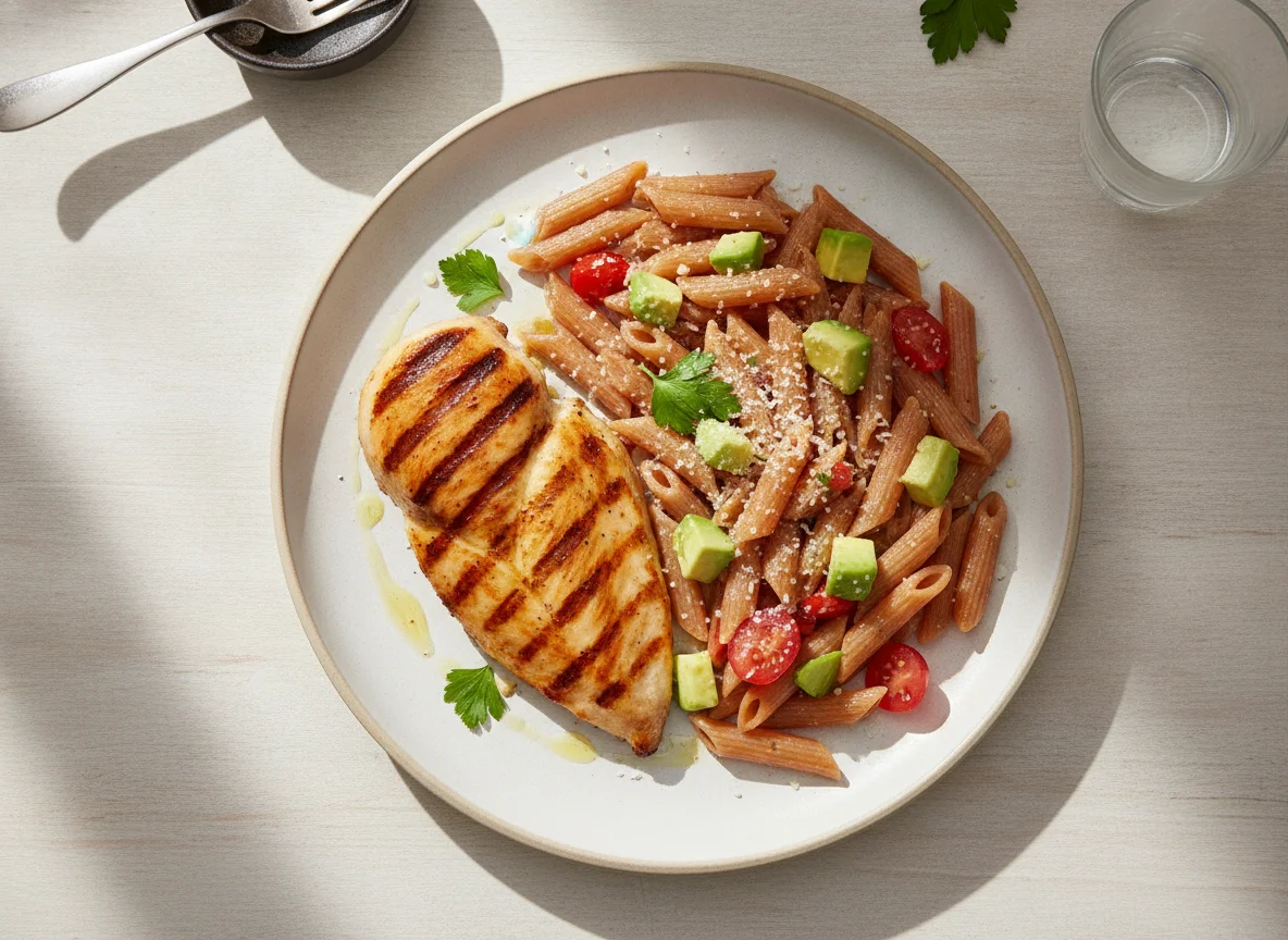 Frango grelhado com penne de lentilha e salada de abacate photo