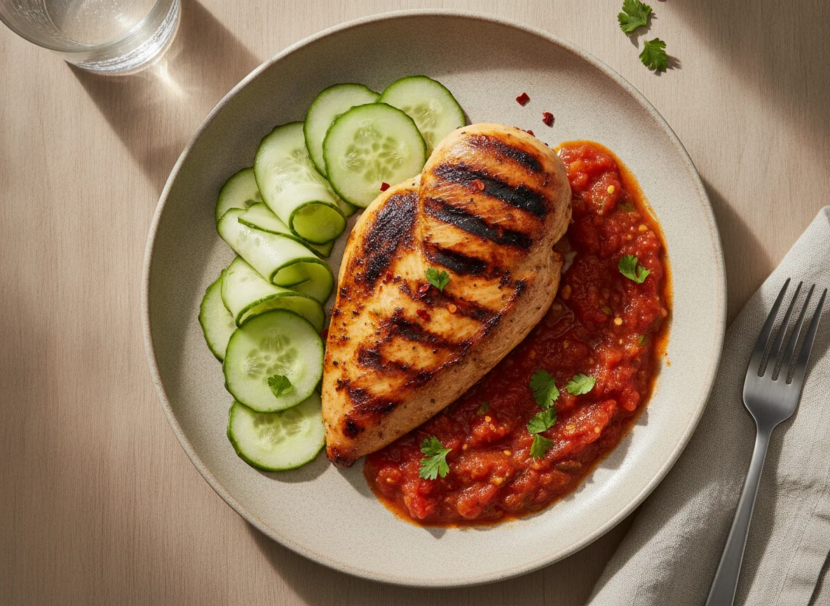 Frango grelhado com pepino e molho de tomate photo