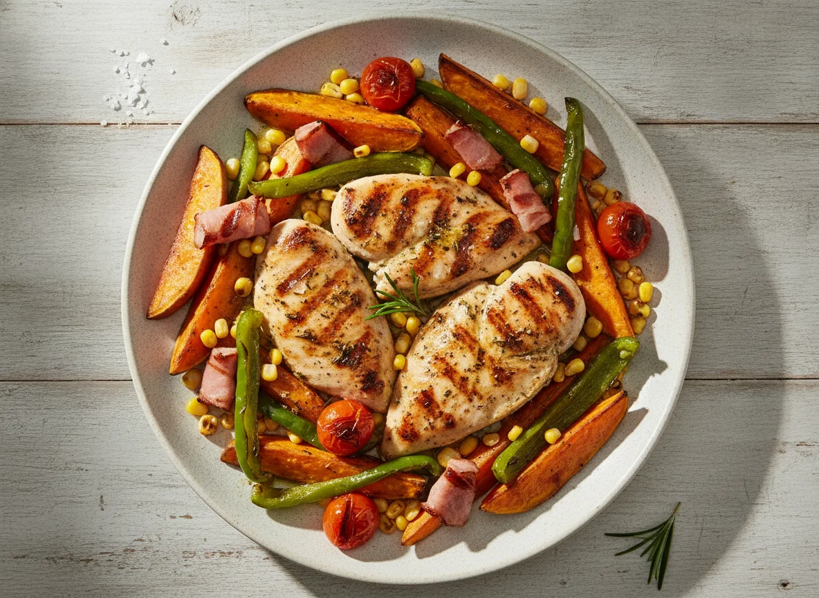 Frango grelhado com pimentos e batata-doce photo