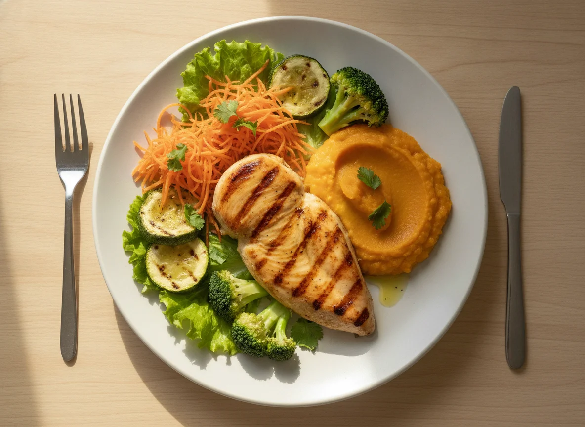 Frango grelhado com purê de abóbora e legumes photo
