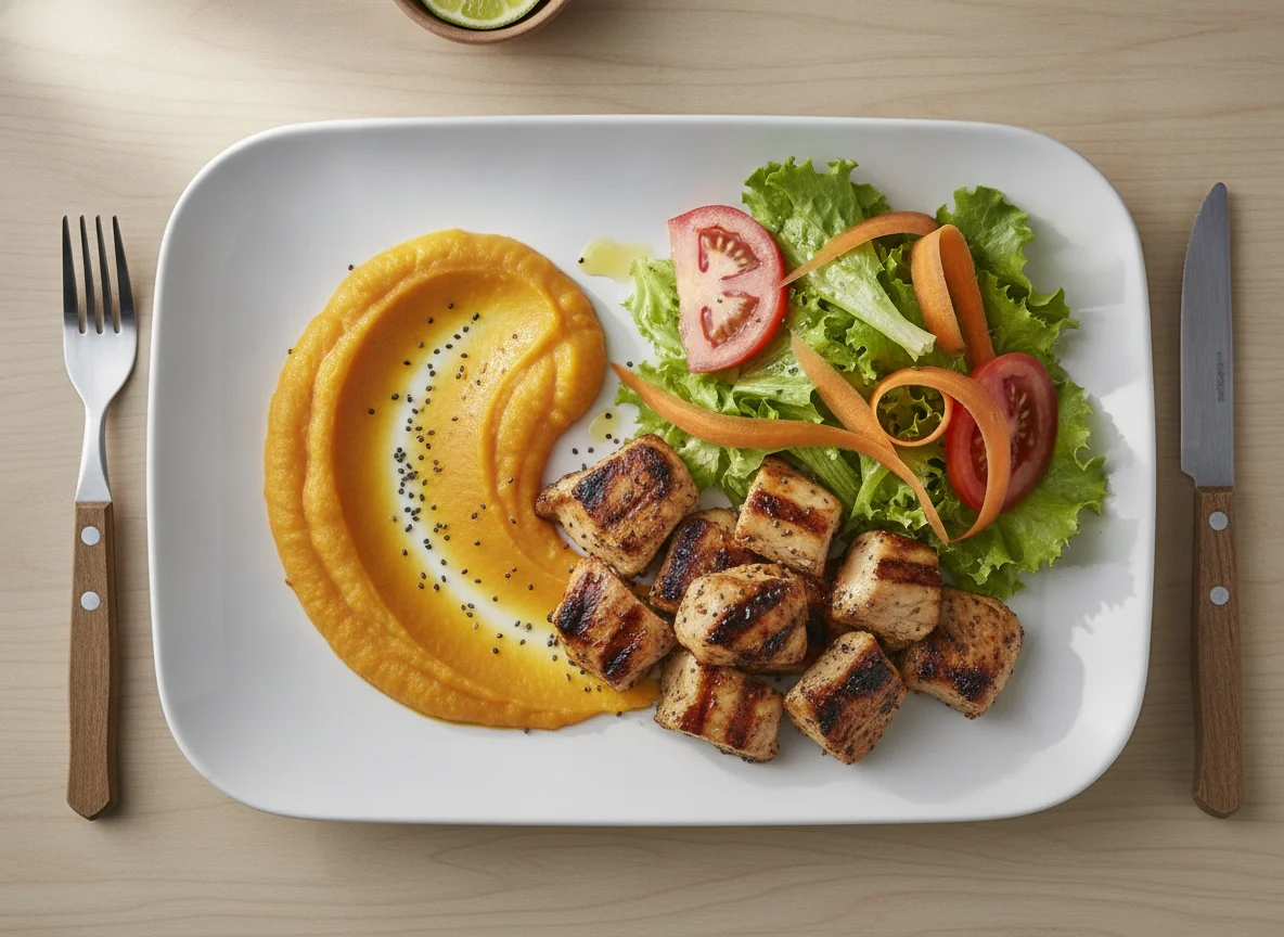 Frango grelhado com purê de abóbora e salada photo