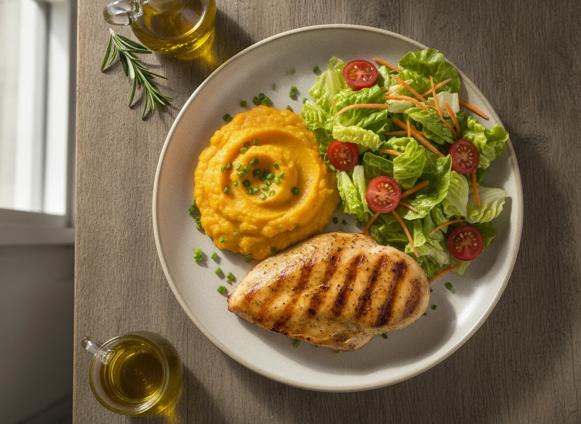 Frango grelhado com purê de abóbora e salada mista photo