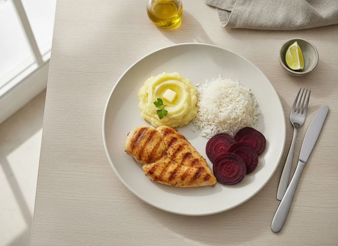 Frango grelhado com purê de batata, arroz e beterraba photo