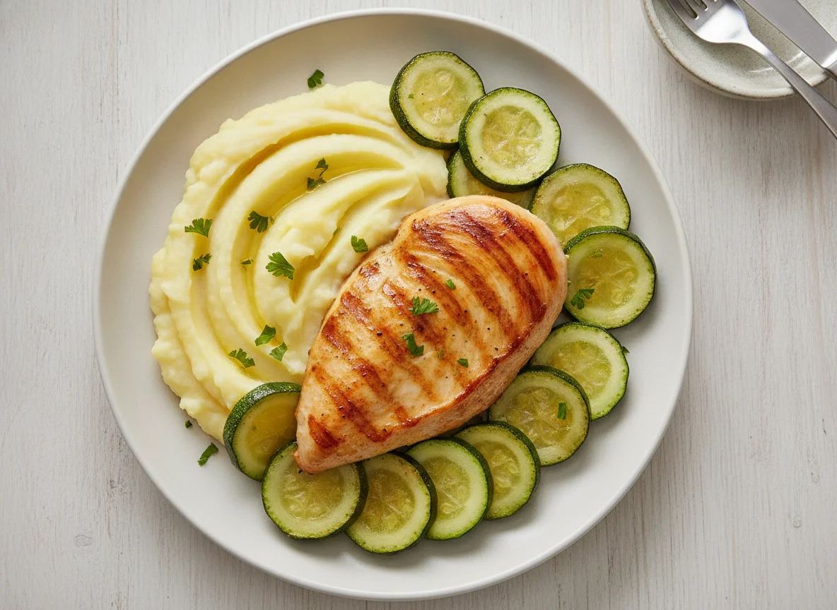 Frango grelhado com purê de batata e abobrinha photo