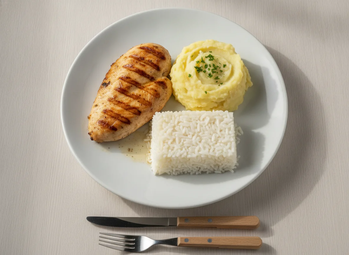 Frango grelhado com purê de batata e arroz branco photo