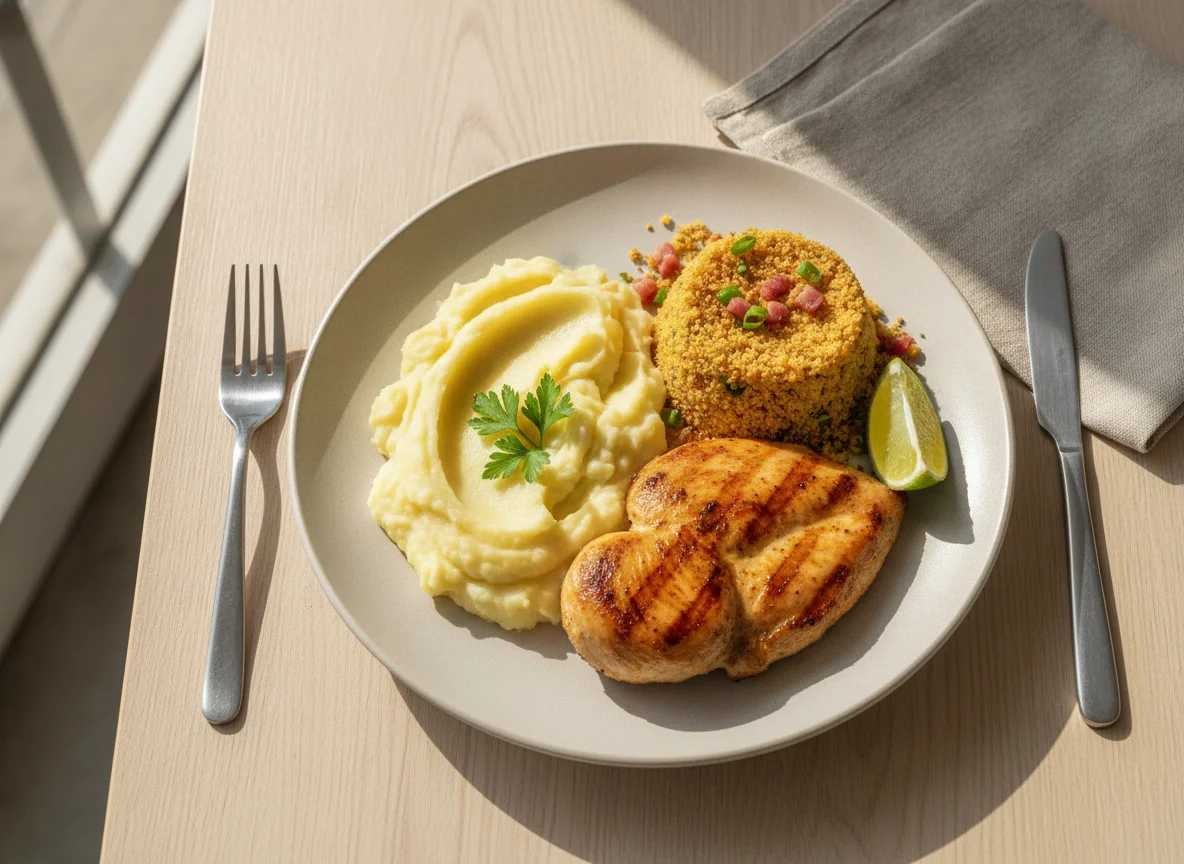 Frango grelhado com purê de batata e farofa photo