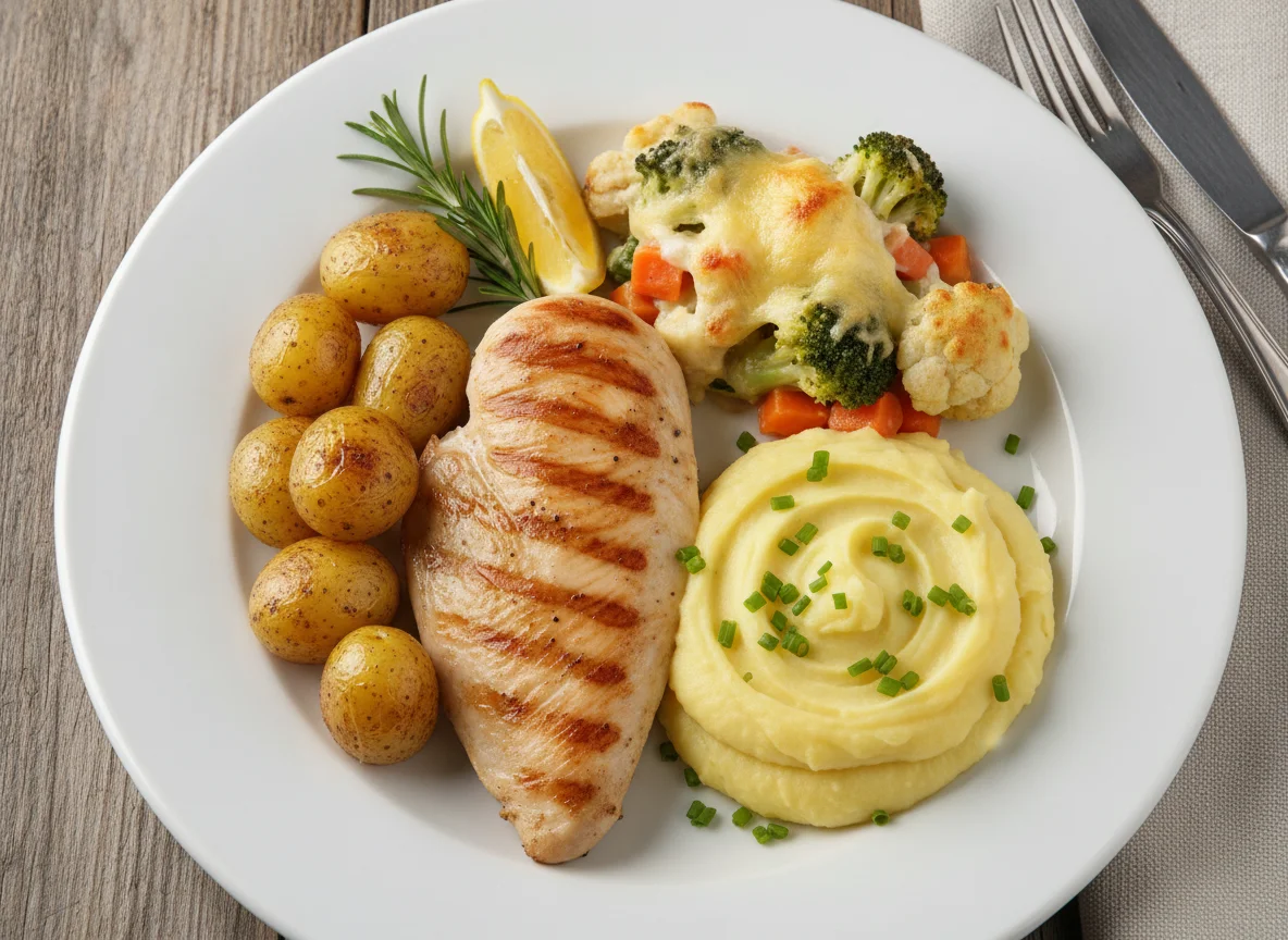 Frango grelhado com purê de batata e legumes photo