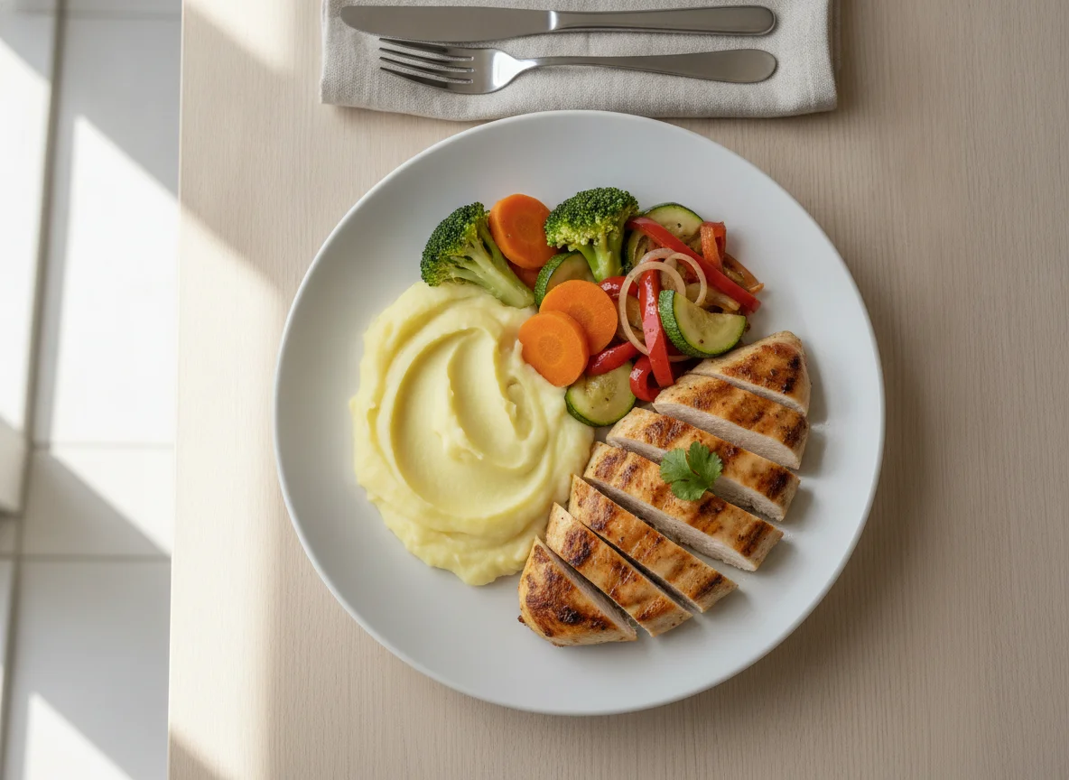 Frango grelhado com purê de batata e legumes no vapor photo