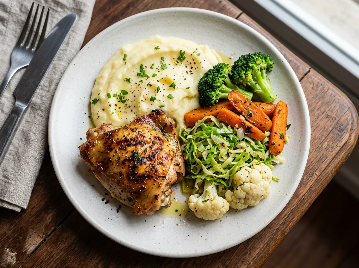 Frango grelhado com purê de batata e legumes salteados photo