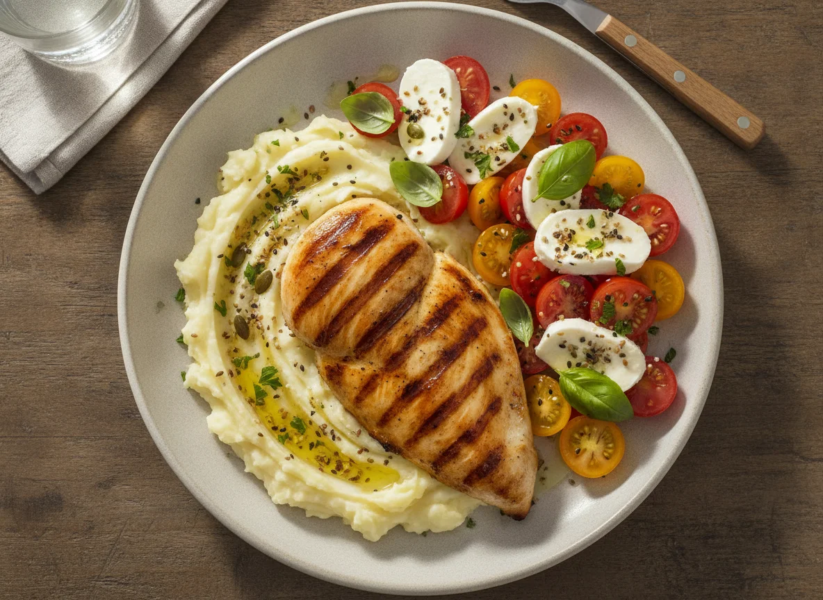 Frango grelhado com purê de batata e salada caprese photo