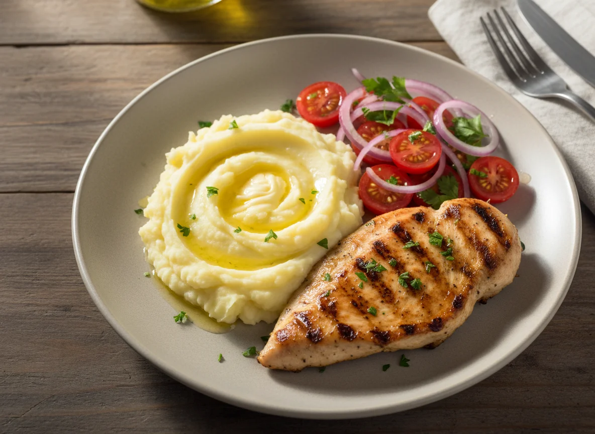 Frango grelhado com purê de batata e salada de tomate e cebola photo