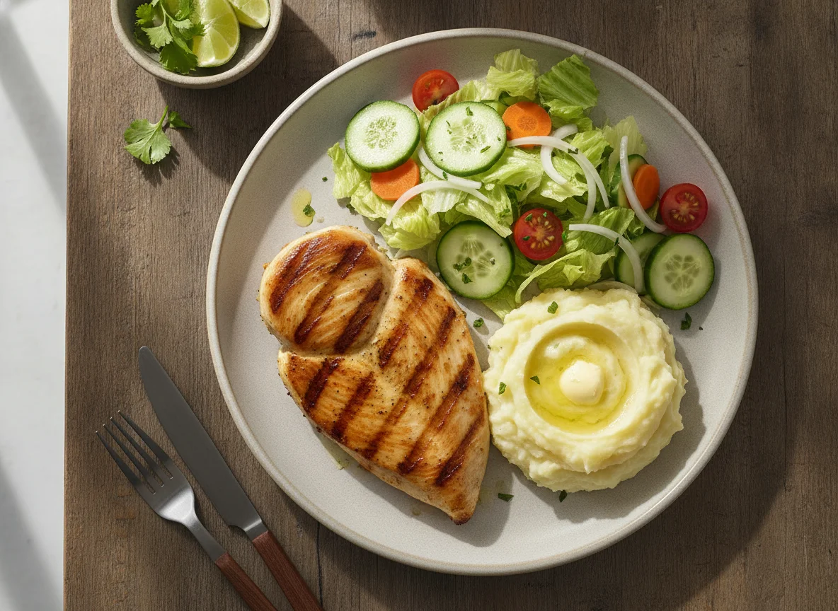 Frango grelhado com purê de batata e salada mista photo