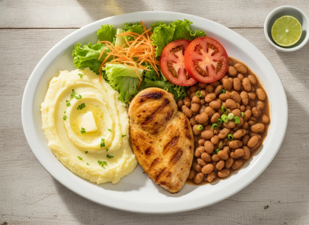 Frango grelhado com purê de batata, feijão e salada photo
