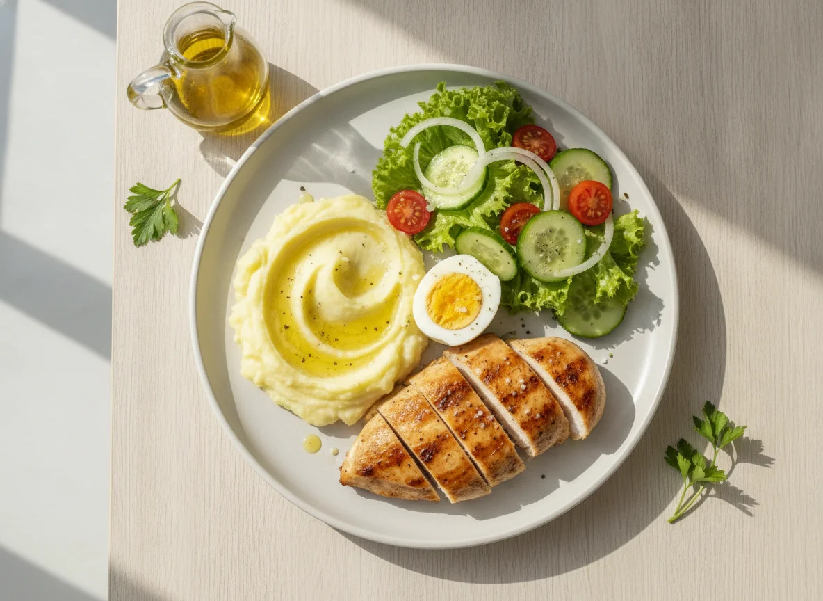 Frango grelhado com purê de batata, ovo cozido e salada photo