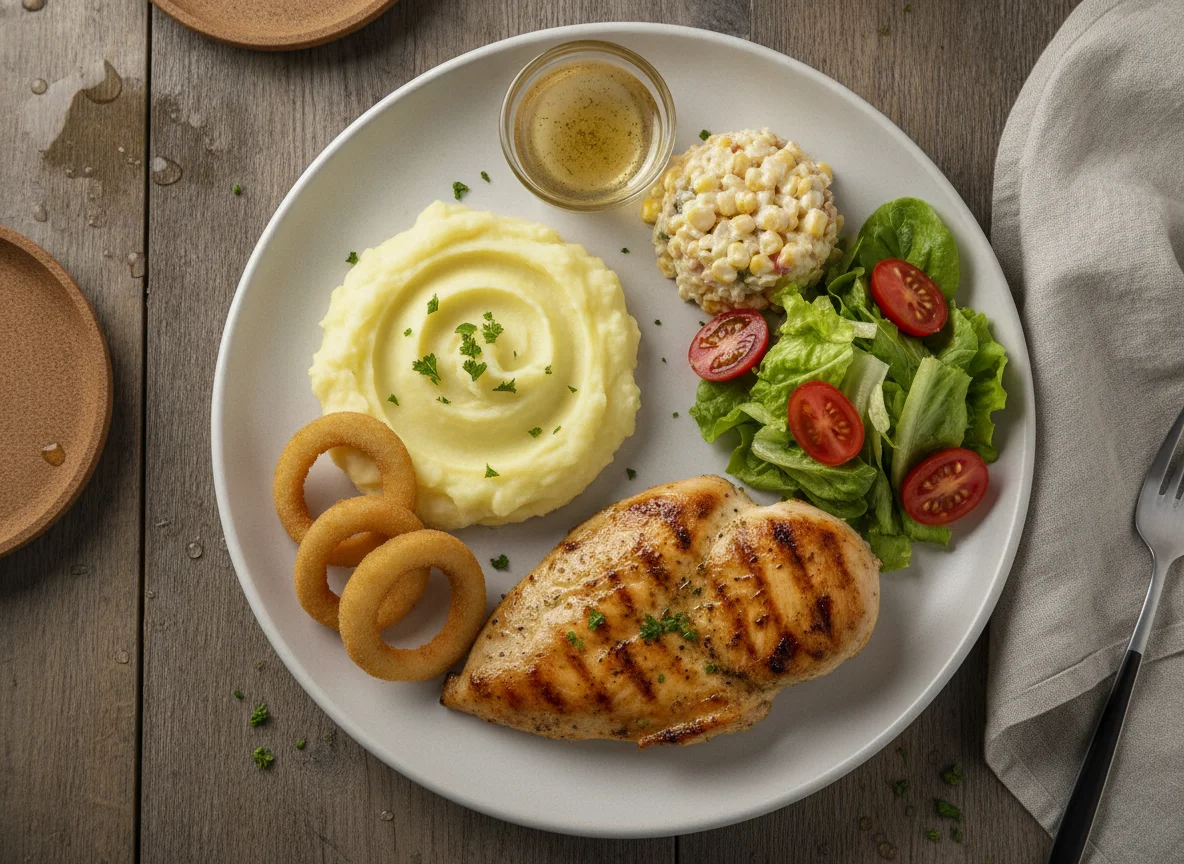 Frango grelhado com purê de batata, salada e anel de cebola photo