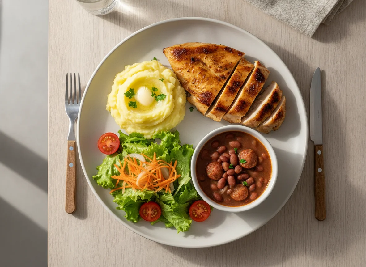 Frango grelhado com purê de batata, salada e feijão photo