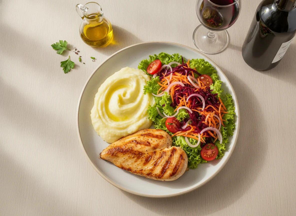 Frango grelhado com purê de batata, salada mista e vinho tinto photo