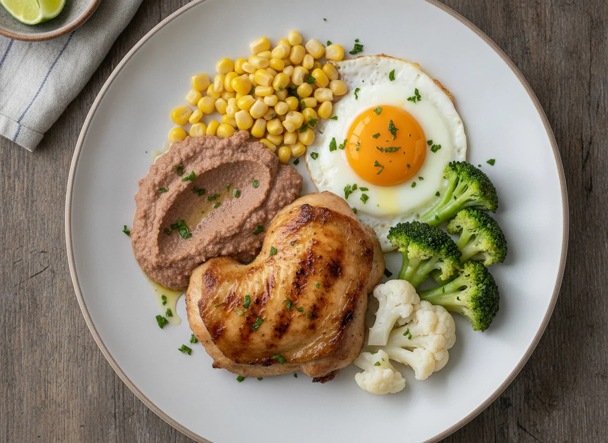 Frango grelhado com purê de fígado e vegetais photo