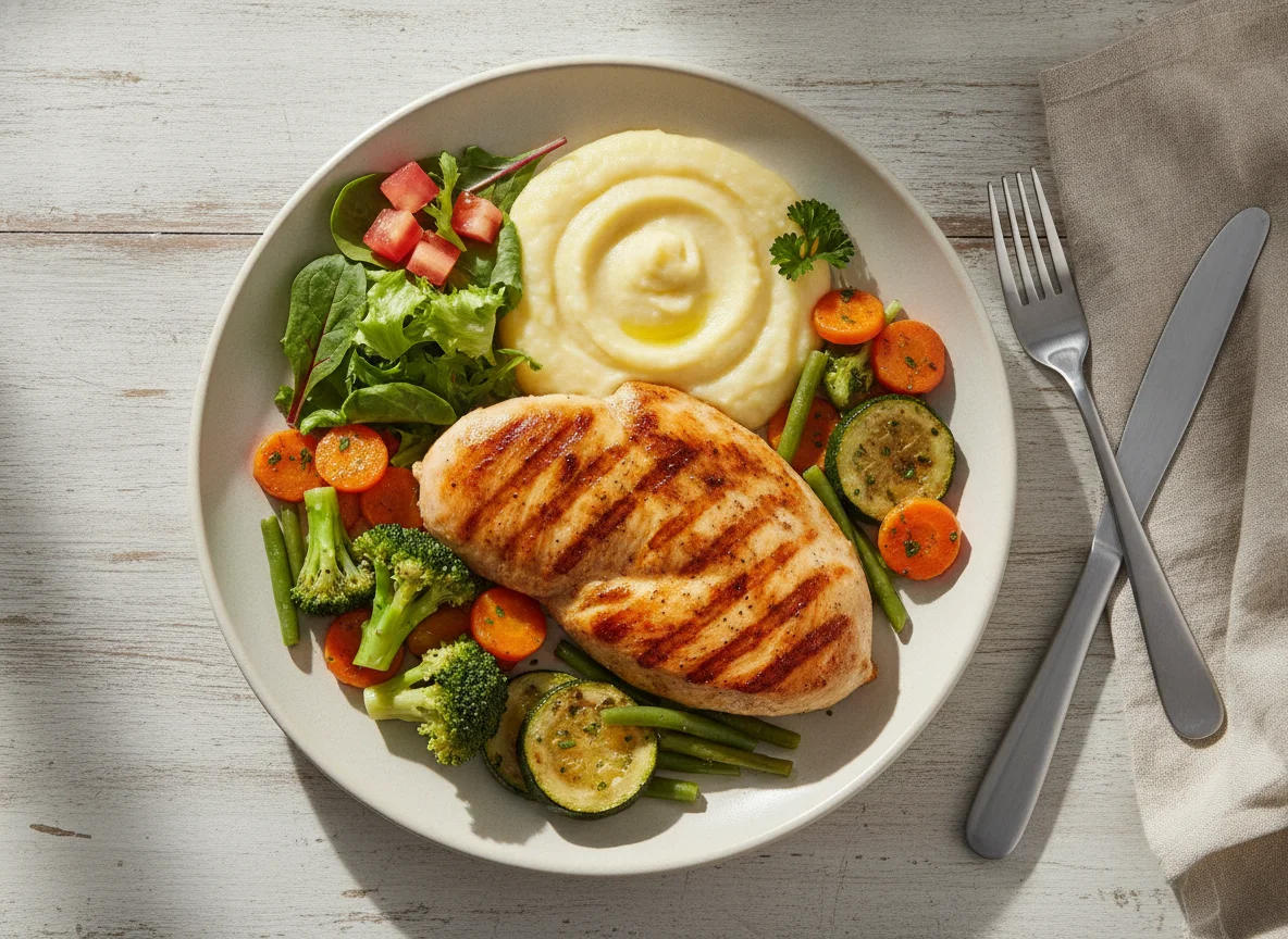 Frango grelhado com purê de mandioquinha e legumes photo
