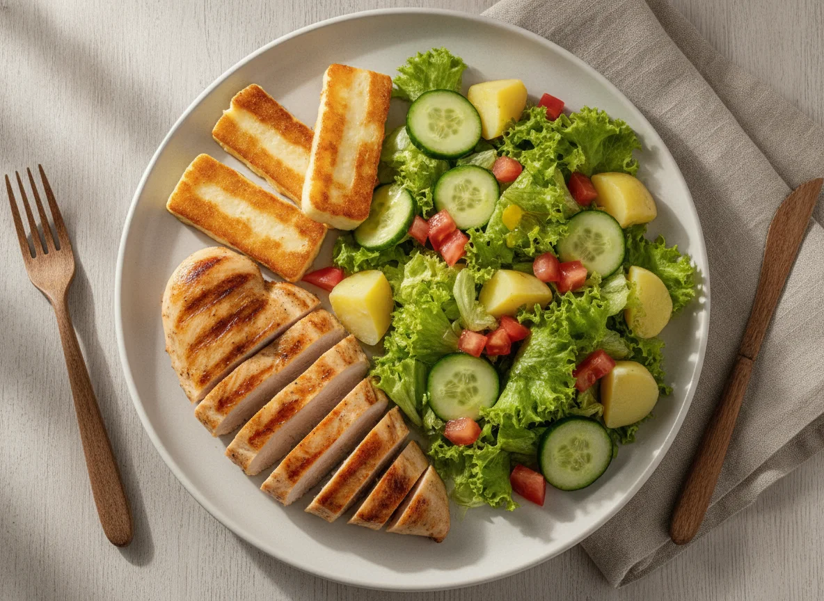 Frango grelhado com queijo coalho e salada mista photo