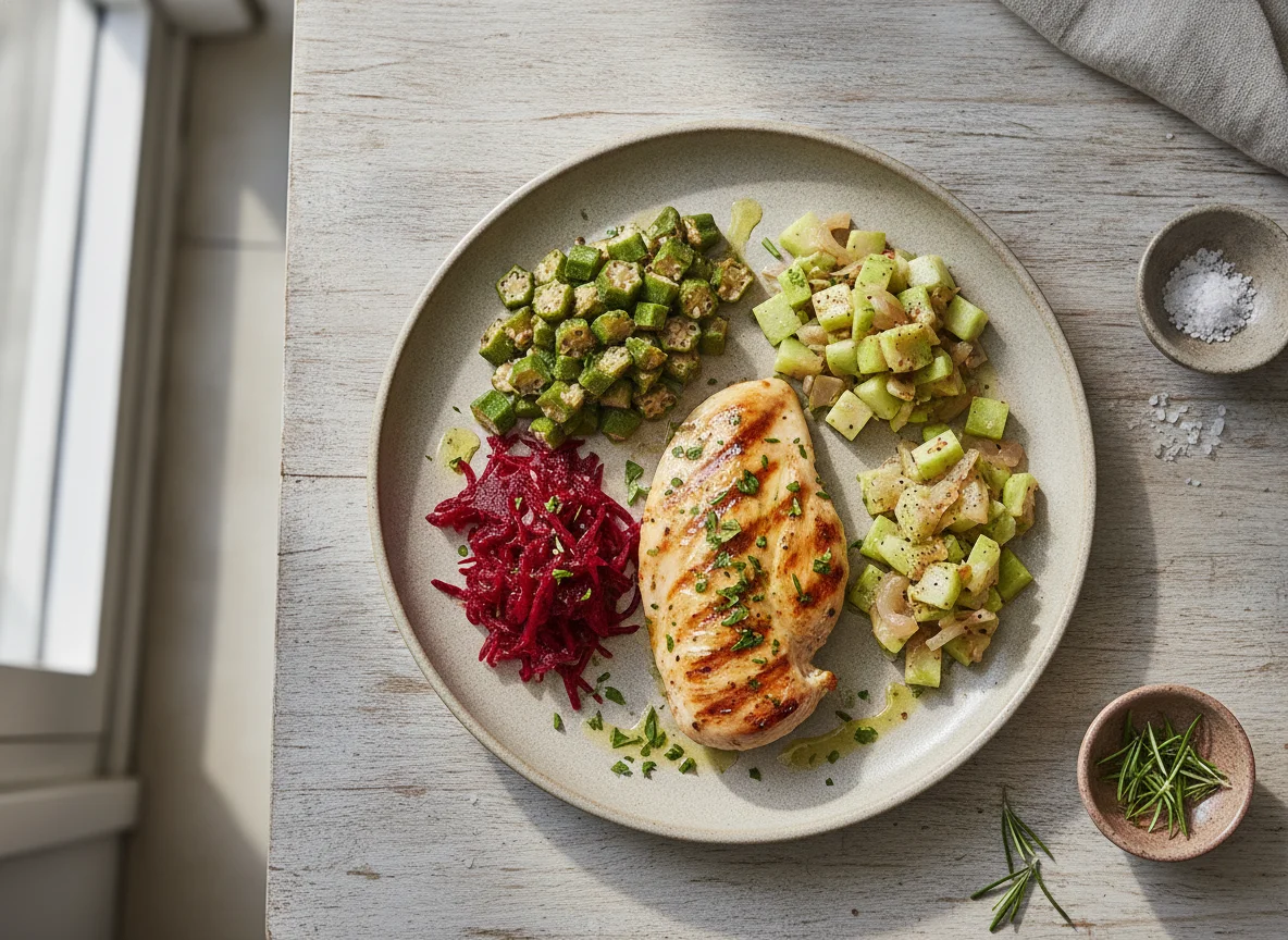 Frango grelhado com quiabo, beterraba e legumes photo
