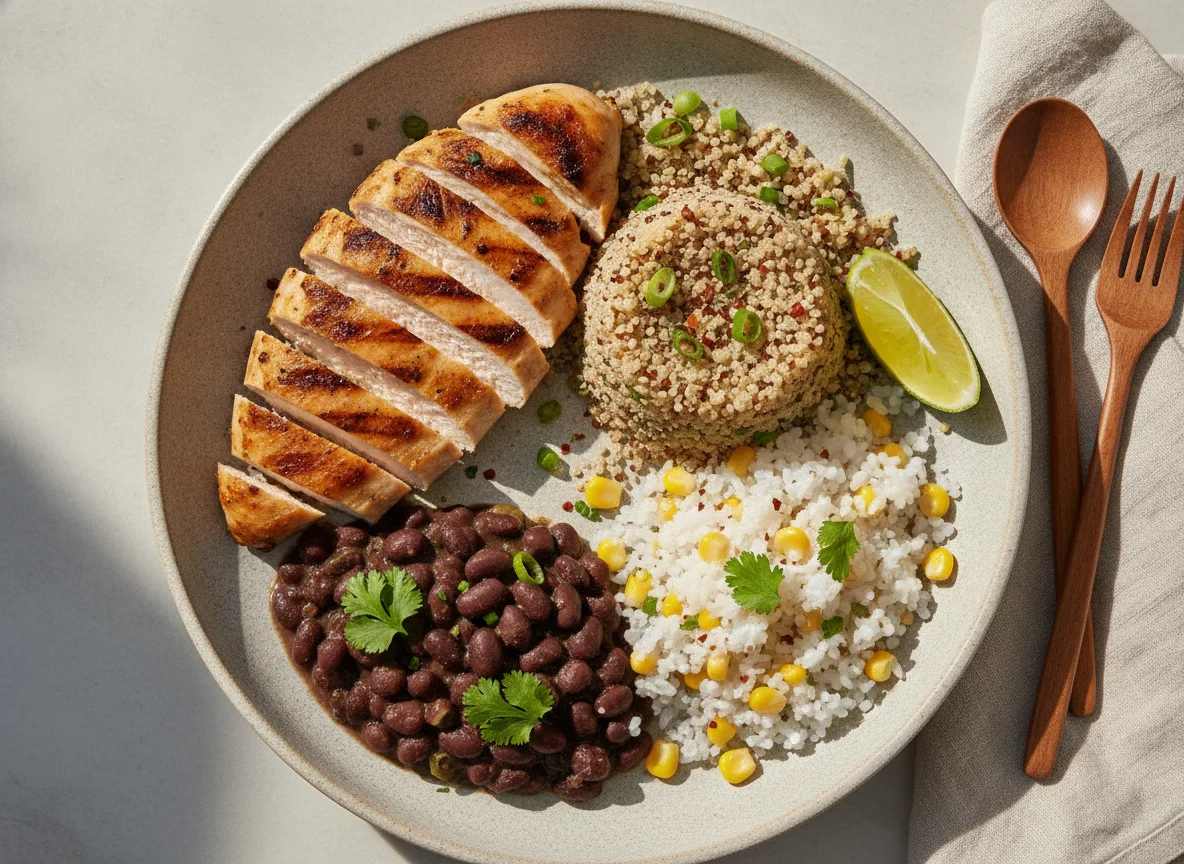 Frango grelhado com quinoa, feijão preto e arroz de konjac photo