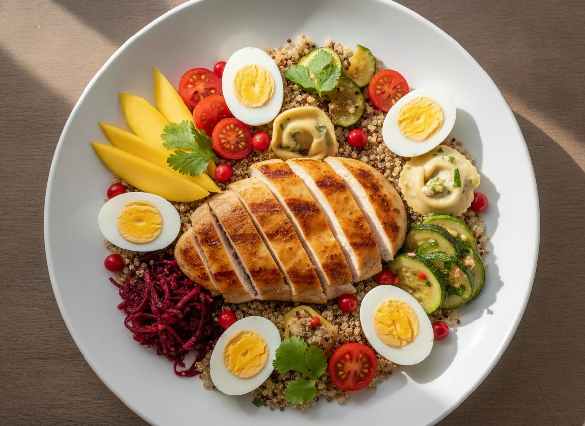 Frango grelhado com quinoa, legumes e ovos de codorna photo