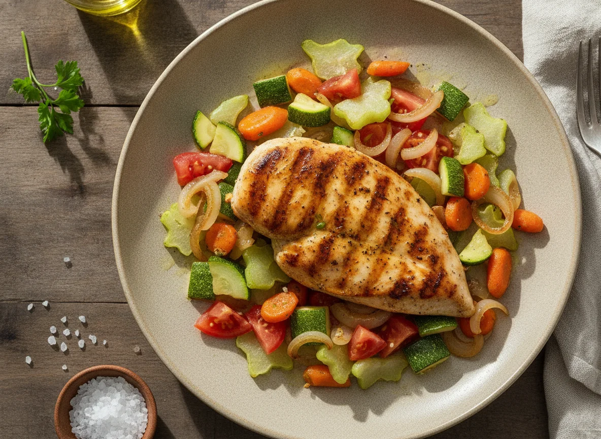 Frango grelhado com refogado de legumes photo