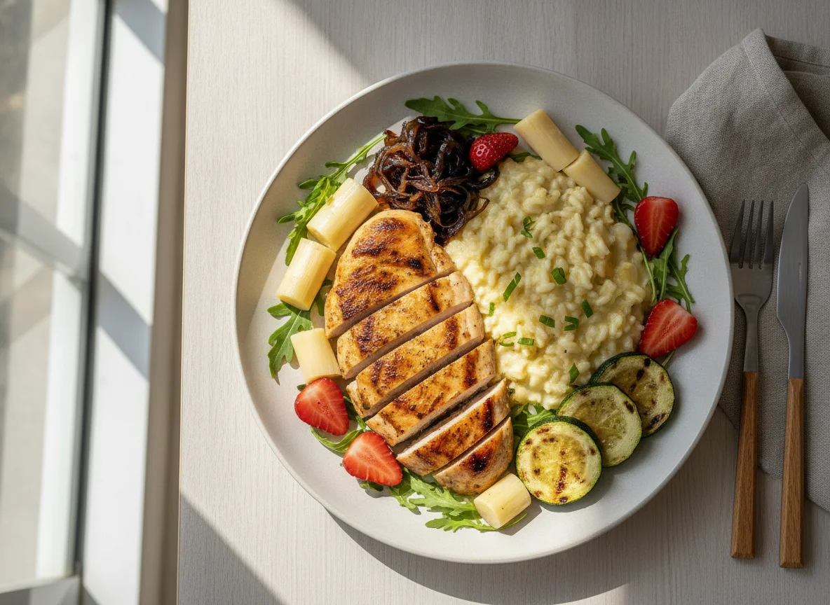 Frango grelhado com risoto, palmito e morangos photo