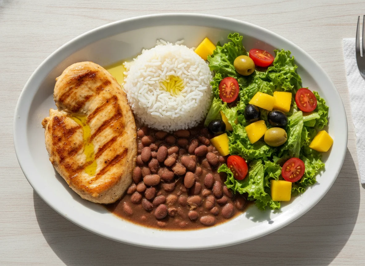 Frango grelhado com salada, arroz e feijão photo
