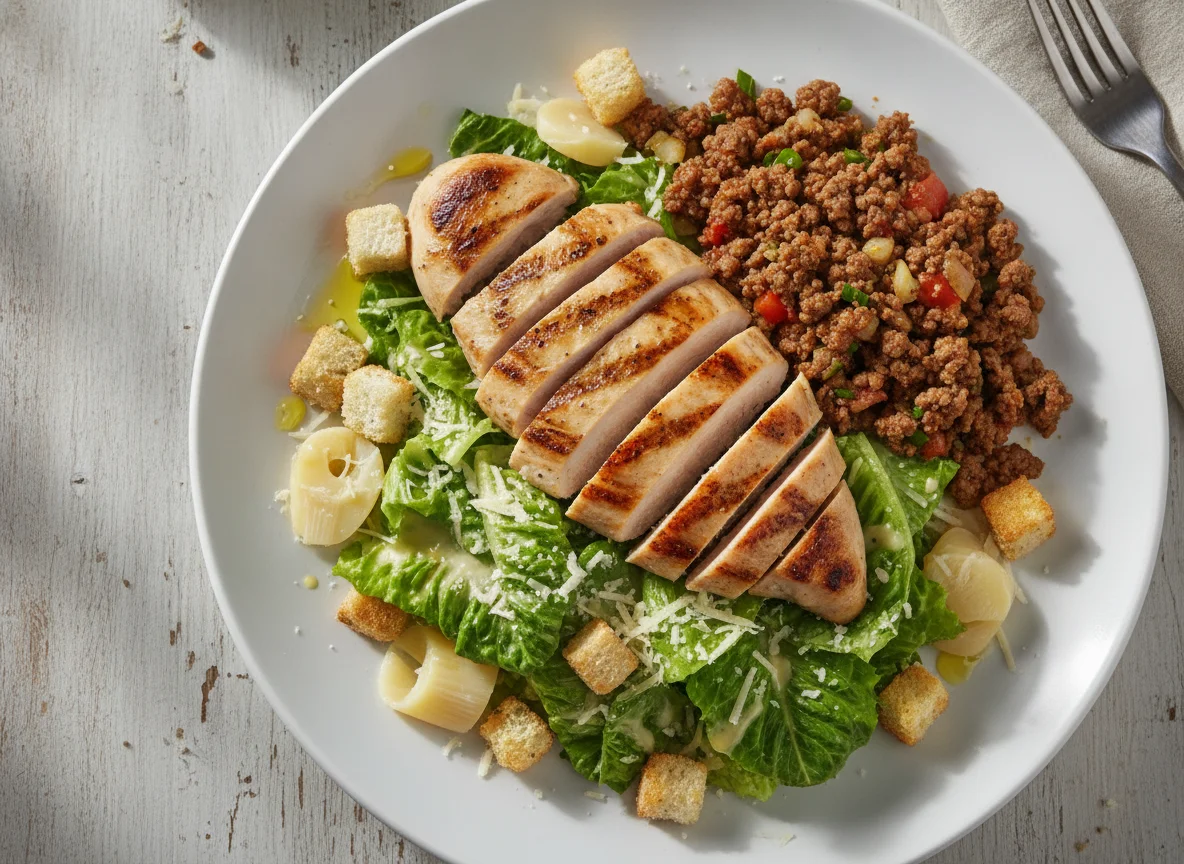 Frango grelhado com salada Caesar e carne moída photo
