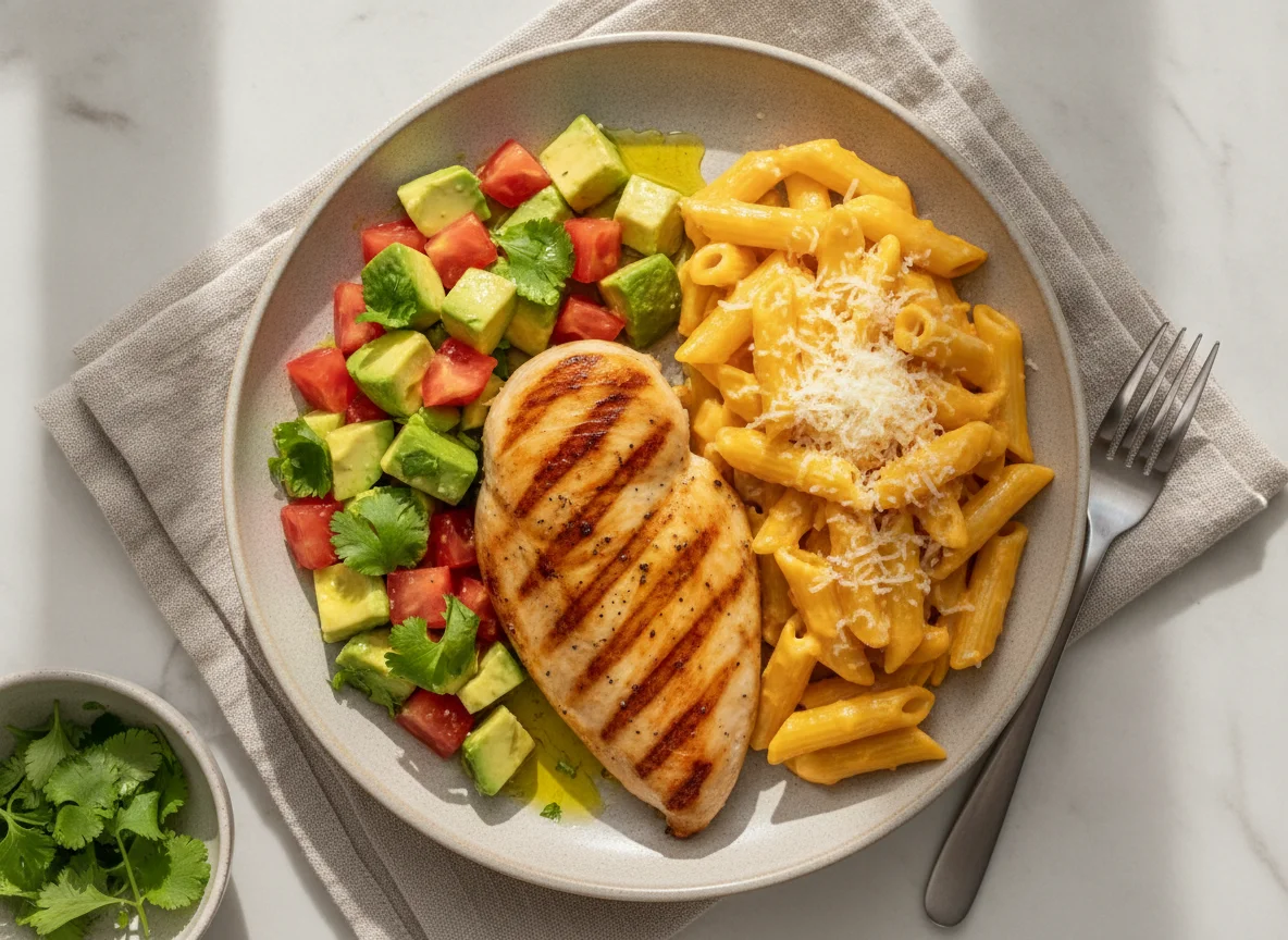 Frango grelhado com salada de abacate e macarrão com queijo photo