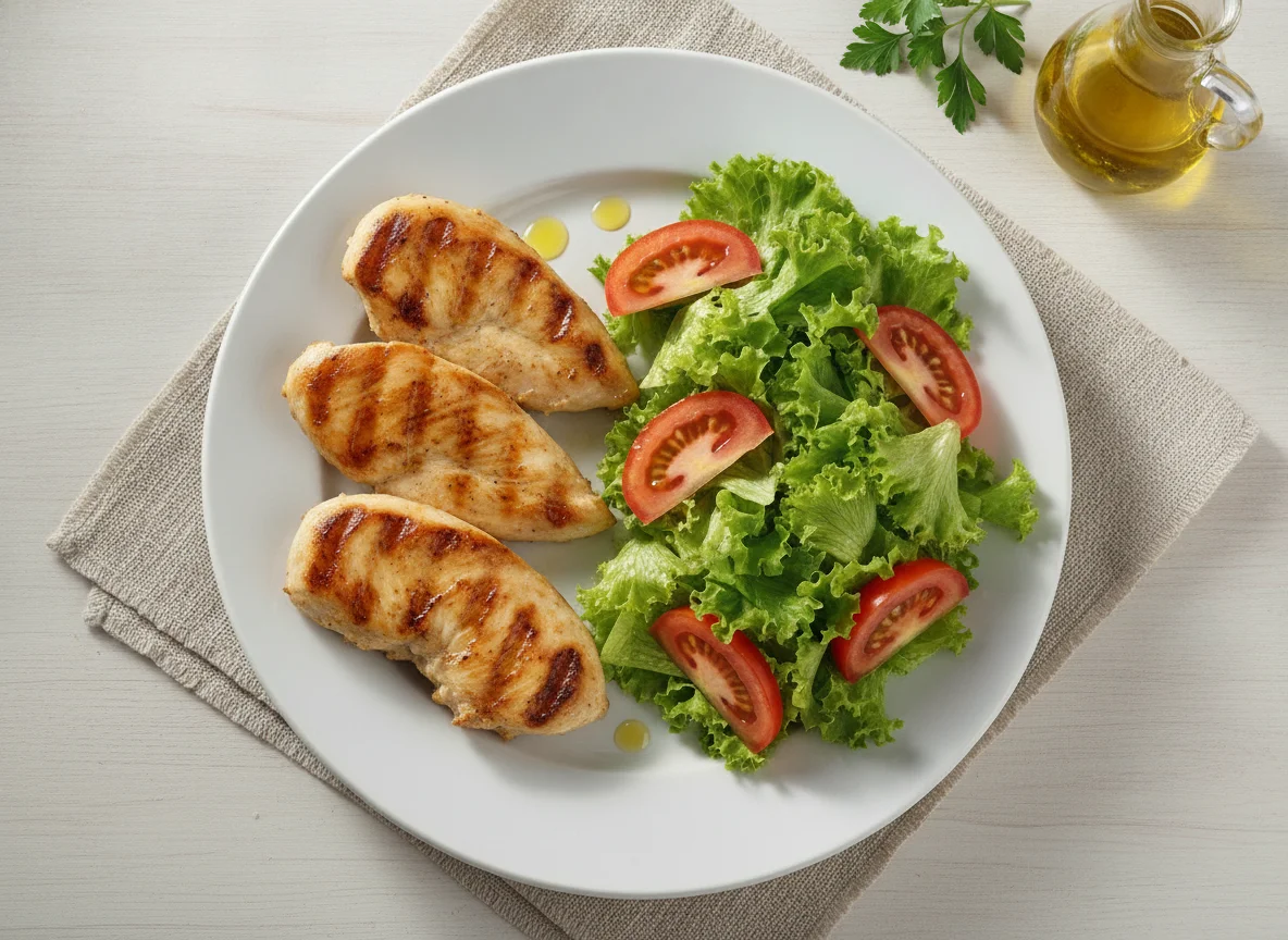 Frango grelhado com salada de alface e tomate photo