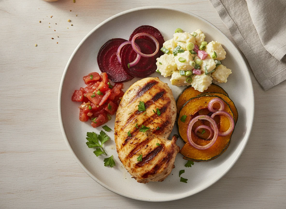Frango grelhado com salada de batata, beterraba e abóbora assada photo